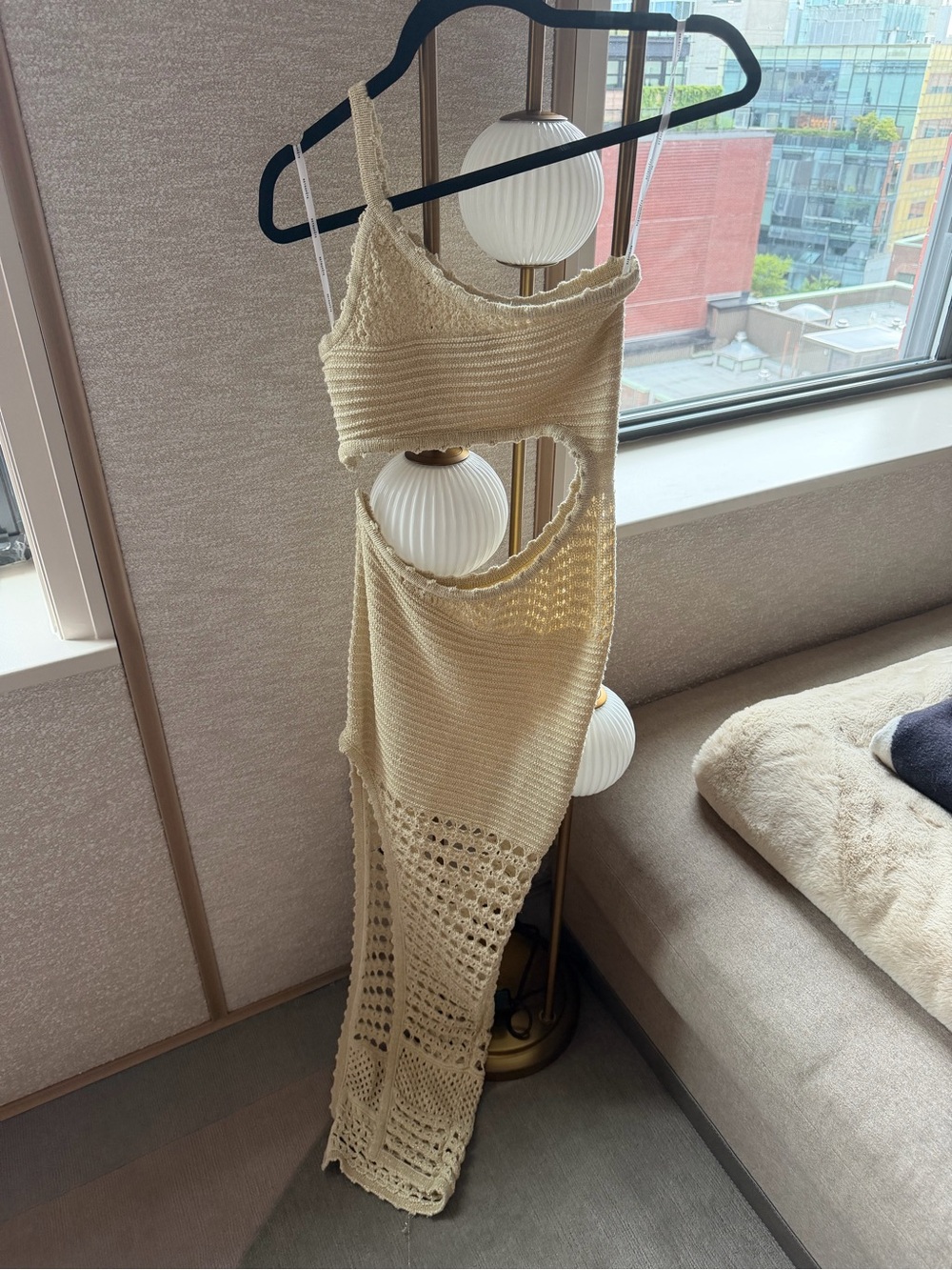 Retrofete Asymmetrical Crochet Cutout Maxi Dress in Cream